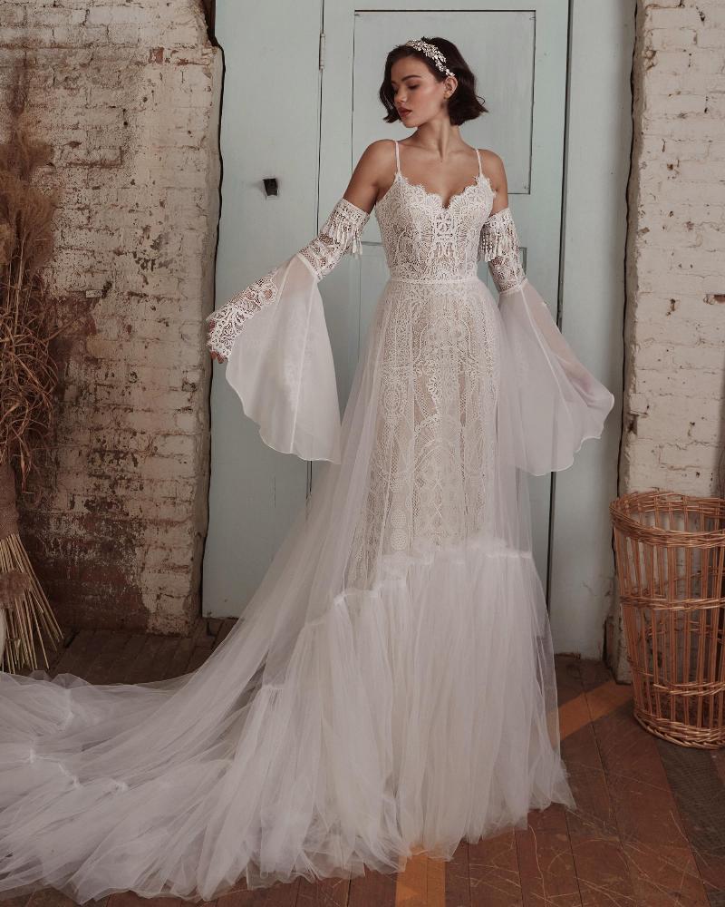 Lp2124 vintage boho wedding dress with bell sleeves and overskirt5